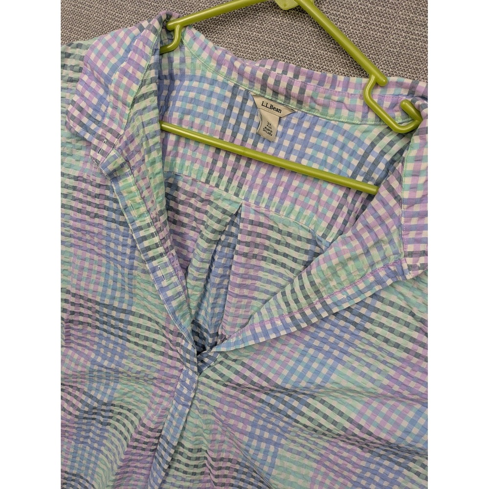 L.L. Bean Blouse Womens 3X Pastel Check Plaid Seersucker Short Sleeve Cotton